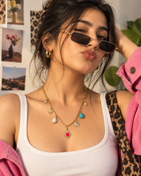 Gold Charm Necklace for Women | Multicolor Star, Pearl & Turquoise Charm Layered Necklace | Trendy Statement Jewellery