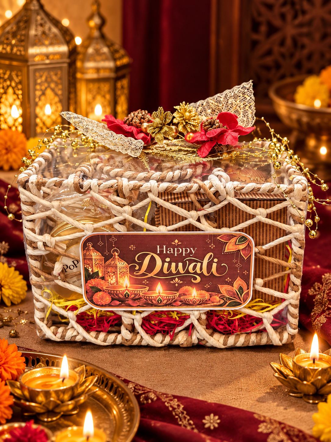 Premium Diwali Gift Hamper with Makhana, Beetroot Chips, Handmade Shubh Labh, Mug & Lotus Candle Holders | Festive Gift Basket