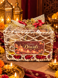Premium Diwali Gift Hamper with Makhana, Beetroot Chips, Handmade Shubh Labh, Mug & Lotus Candle Holders | Festive Gift Basket
