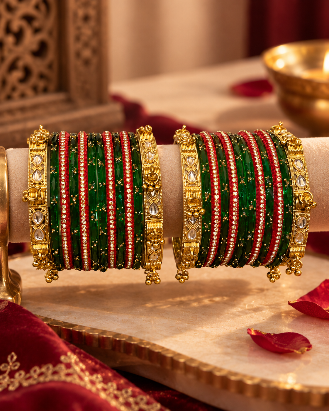 Red & Emerald Green Glass Bangle Set for Women, Designer Stone Studded Kangan Chooda, Traditional Wedding Festive Jewellery, Sizes 2.6 & 2.8