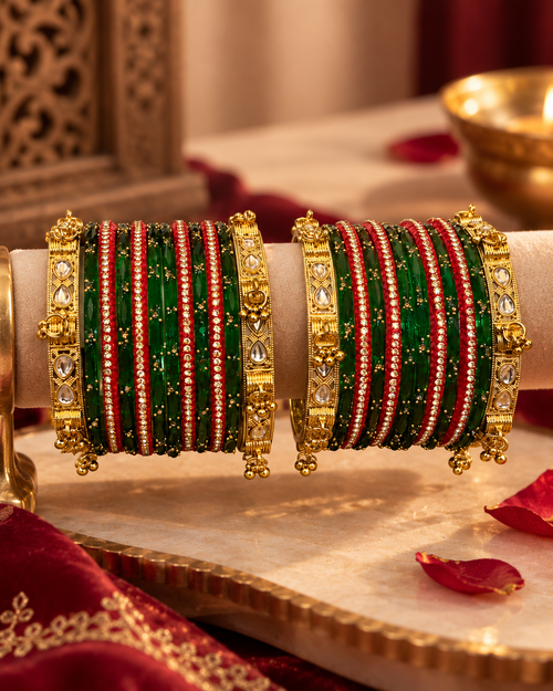 Red & Emerald Green Glass Bangle Set for Women, Designer Stone Studded Kangan Chooda, Traditional Wedding Festive Jewellery, Sizes 2.6 & 2.8