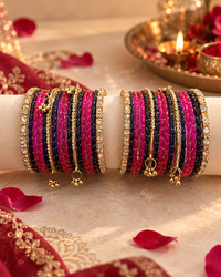 Pink Purple Glass Bangle Set for Women, Designer Kangan Choodiyan with Stone Studded Gold Detailing & Ghungroo Charms, Wedding Festive Jewellery, Sizes 2.4 2.6 2.8