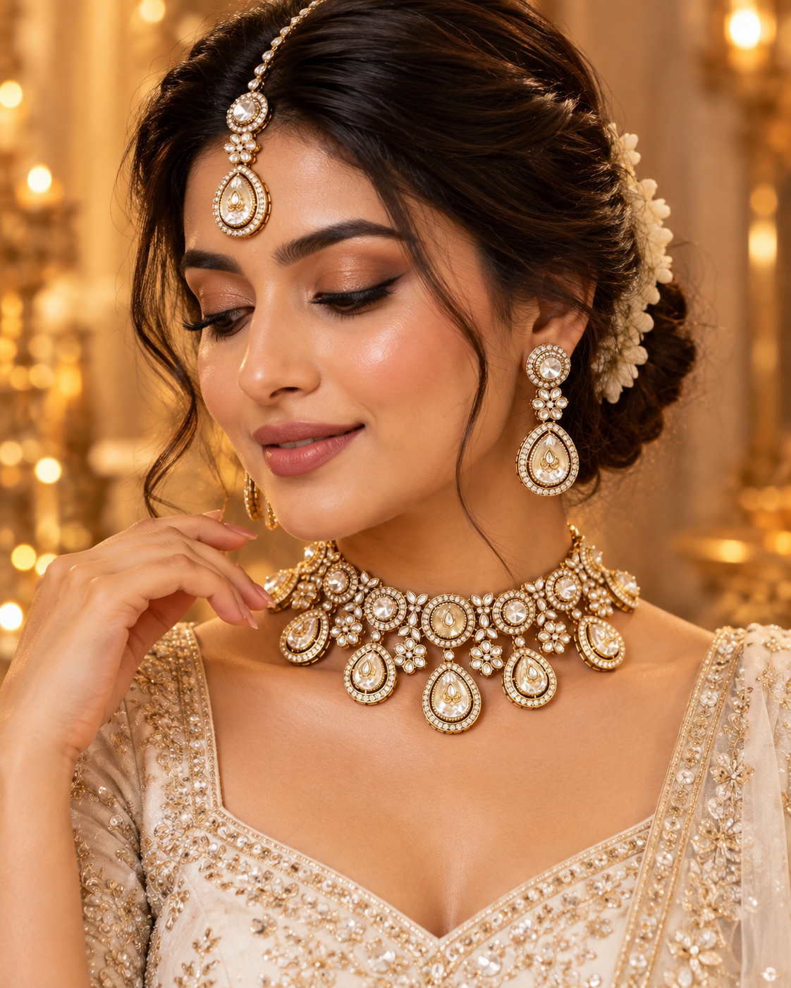 Premium Indian Necklace Set for Women with Earrings & Maang Tikka, Heavy-Look Lightweight Bridal Jewellery Set for Karwa Chauth, Diwali, Weddings & Festive Parties, Two Colours