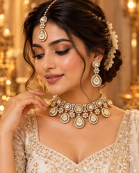 Premium Indian Necklace Set for Women with Earrings & Maang Tikka, Heavy-Look Lightweight Bridal Jewellery Set for Karwa Chauth, Diwali, Weddings & Festive Parties, Two Colours