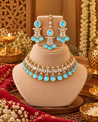 Indian Choker Necklace Set for Women with Earrings and Maang Tikka, Heavy Look Traditional Ethnic Jewellery for Wedding, Festive Wear and Party Occasions