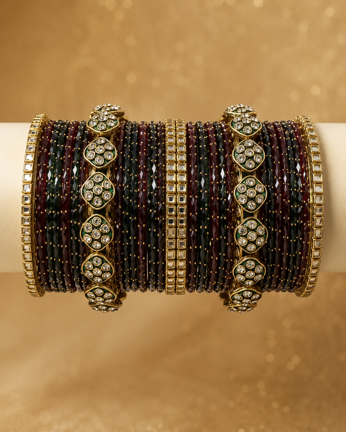 Maroon & Black Designer Bangles Set with Premium Gold Kadas