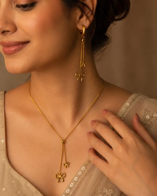 Anti Tarnish Bow Pendant Necklace & Earrings Set for Women