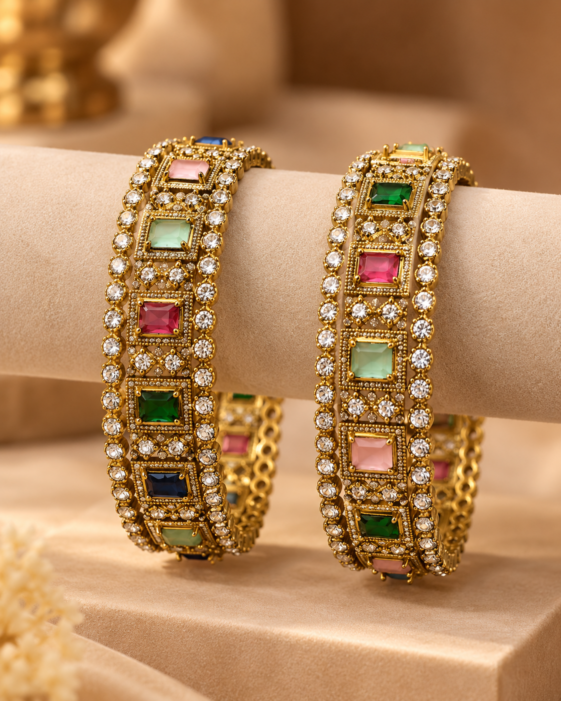 Premium Festive Indian AD Necklace Set with Earrings & Bangle Set, Multicolor Stone Heavy Look Jewellery Set for Women, Karwa Chauth, Wedding, Diwali & Party Wear- 2.6 & 2.8