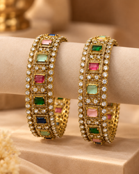 Premium Festive Indian AD Necklace Set with Earrings & Bangle Set, Multicolor Stone Heavy Look Jewellery Set for Women, Karwa Chauth, Wedding, Diwali & Party Wear- 2.6 & 2.8