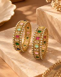 Premium Festive Indian AD Necklace Set with Earrings & Bangle Set, Multicolor Stone Heavy Look Jewellery Set for Women, Karwa Chauth, Wedding, Diwali & Party Wear- 2.6 & 2.8