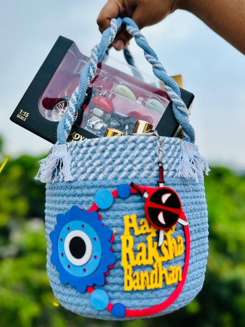 JUGNU STORE Rakhi Gift Hamper for Brother | Premium Handmade Cotton Basket with Royal Enfield Bike Model, Mini Perfume Set, Ferrero Rocher, Maza, Nachos, Choco Sticks, Keychain | Ready-to-Gift Raksha Bandhan Gift Combo for Men