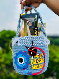 JUGNU STORE Rakhi Gift Hamper for Brother | Premium Handmade Cotton Basket with Sports Car Toy, Mini Perfume Set, Ferrero Rocher, Maza, Nachos, Choco Sticks & Keychain | Ready-to-Gift Raksha Bandhan Gift Combo for Men