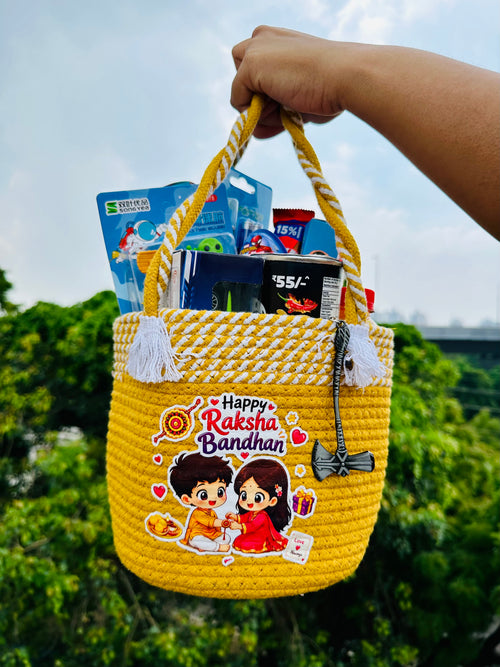 Jugnu Store Raksha Bandhan Gift Hamper for Boys | Premium Handmade Reusable Cotton Rope Basket with Mini Toy Car, Space Pouch, Stationery, Chocolates & Snacks | Rakhi Gift Basket for Brother, Kids & Teens | 14+ Surprise Items