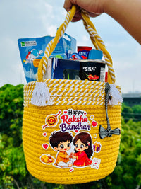 Jugnu Store Raksha Bandhan Gift Hamper for Boys | Premium Handmade Reusable Cotton Rope Basket with Mini Toy Car, Space Pouch, Stationery, Chocolates & Snacks | Rakhi Gift Basket for Brother, Kids & Teens | 14+ Surprise Items