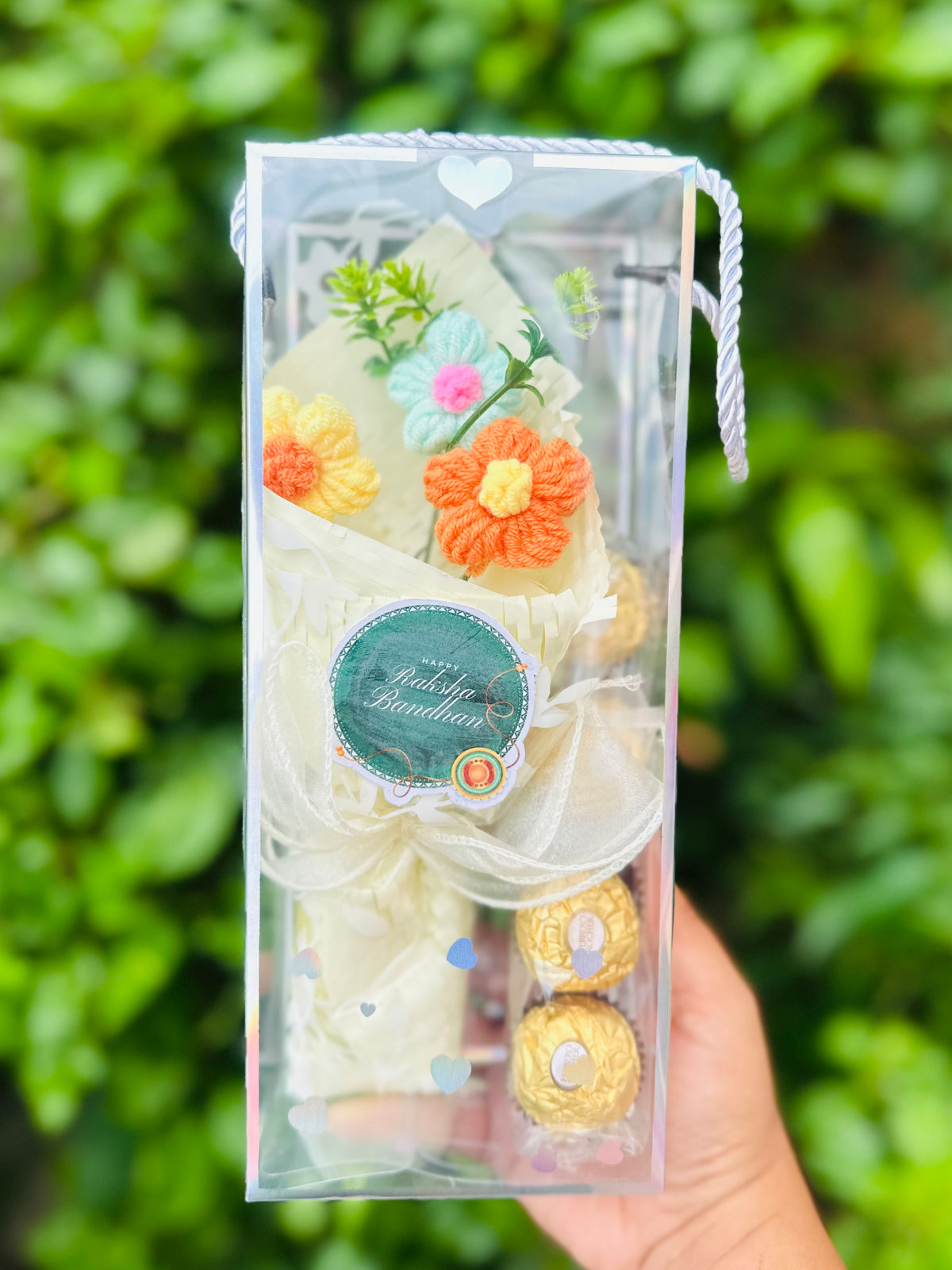 JUGNU STORE Raksha Bandhan Crochet Flower Bouquet Gift Hamper with 4 Ferrero Rocher Chocolates | Handmade Knitted Flowers | Premium Gift Box with Happy Raksha Bandhan Note | Gift for Brother & Sister