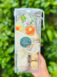 JUGNU STORE Raksha Bandhan Crochet Flower Bouquet Gift Hamper with 4 Ferrero Rocher Chocolates | Handmade Knitted Flowers | Premium Gift Box with Happy Raksha Bandhan Note | Gift for Brother & Sister