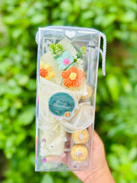 JUGNU STORE Raksha Bandhan Crochet Flower Bouquet Gift Hamper with 4 Ferrero Rocher Chocolates | Handmade Knitted Flowers | Premium Gift Box with Happy Raksha Bandhan Note | Gift for Brother & Sister
