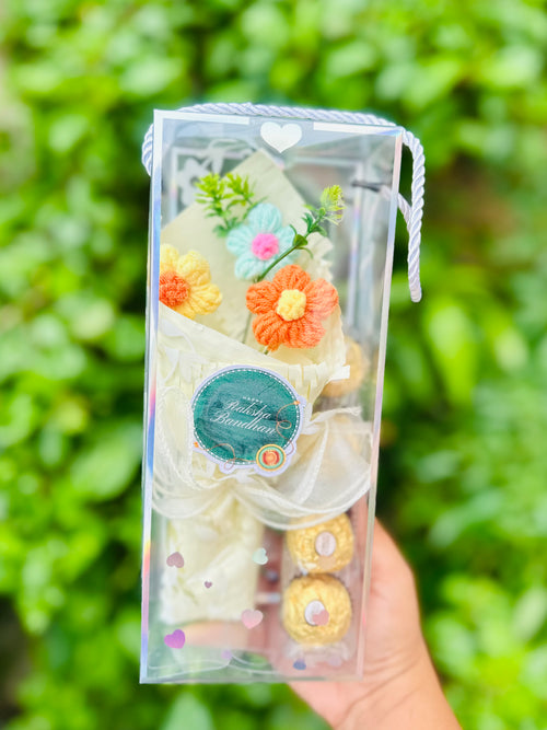 JUGNU STORE Raksha Bandhan Crochet Flower Bouquet Gift Hamper with 4 Ferrero Rocher Chocolates | Handmade Knitted Flowers | Premium Gift Box with Happy Raksha Bandhan Note | Gift for Brother & Sister
