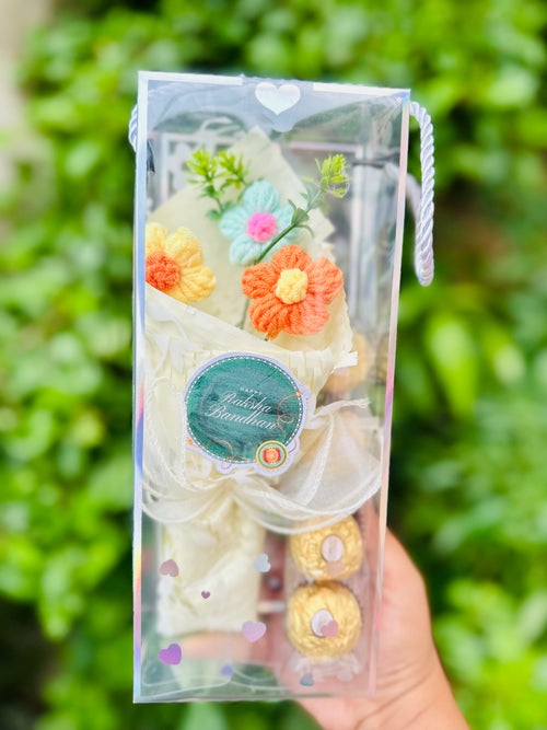 JUGNU STORE Raksha Bandhan Crochet Flower Bouquet Gift Hamper with 4 Ferrero Rocher Chocolates | Handmade Knitted Flowers | Premium Gift Box with Happy Raksha Bandhan Note | Gift for Brother & Sister