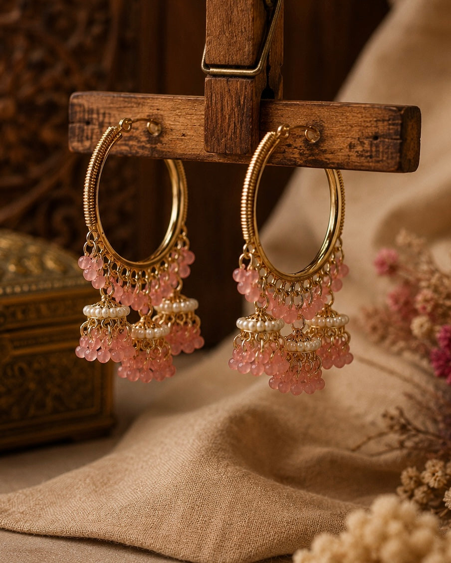 Gold Plated Mint Bead Jhumka Hoop Earrings for Women
