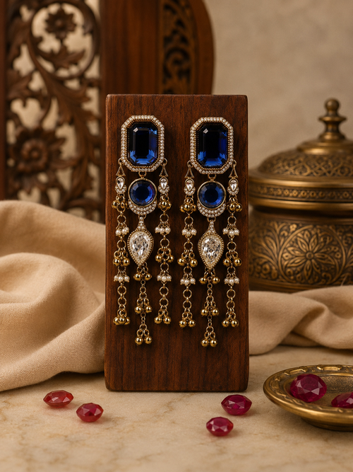 Royal Blue Crystal Statement Drop Earrings for Women | Gold Plated