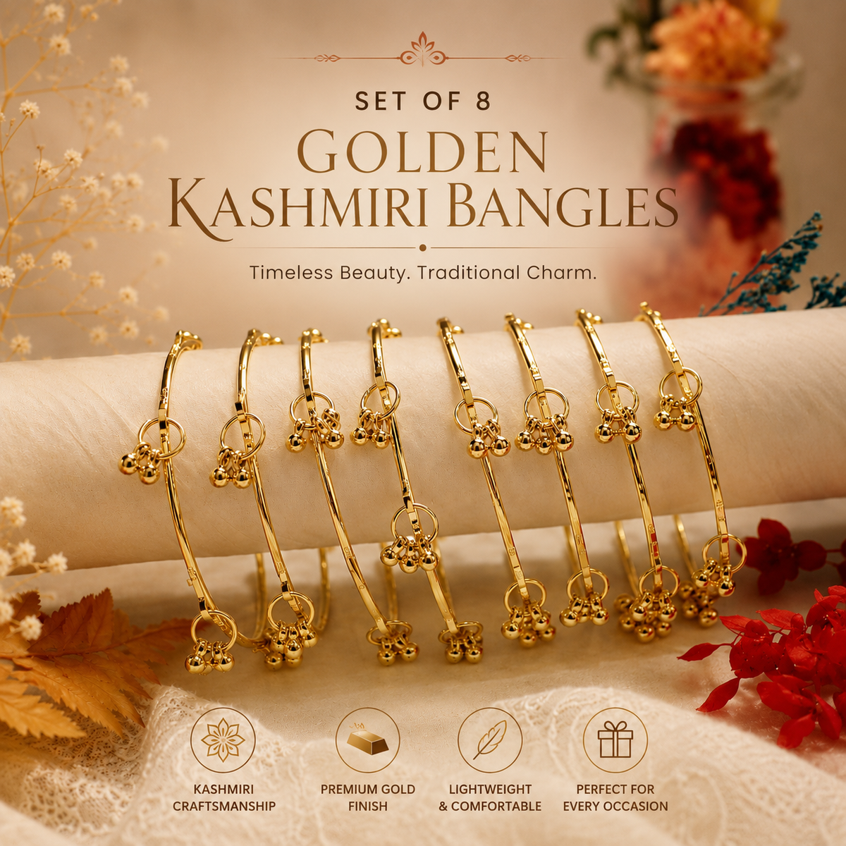 Set of 8 Golden Kashmiri Bangles for Women | Traditional Lightweight Ethnic Bangle Set
