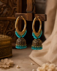 Gold Plated Turquoise Jhumka Hoop Earrings for Women