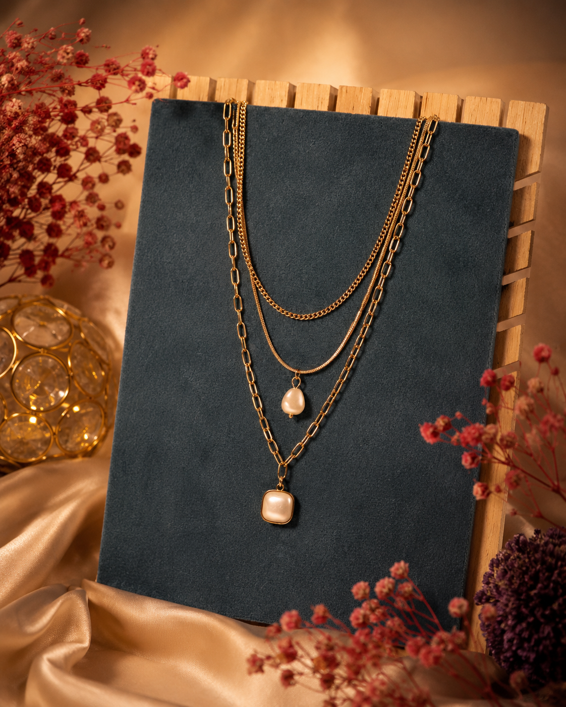 Anti Tarnish Layered Pearl Pendant Necklace for Women | Gold Multi Layer Necklace with Pearl Charms | Elegant Statement Necklace