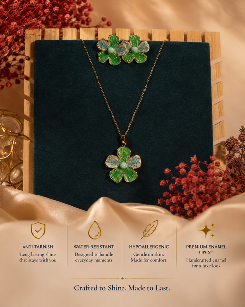 Emerald Bloom Enamel Pendant Set