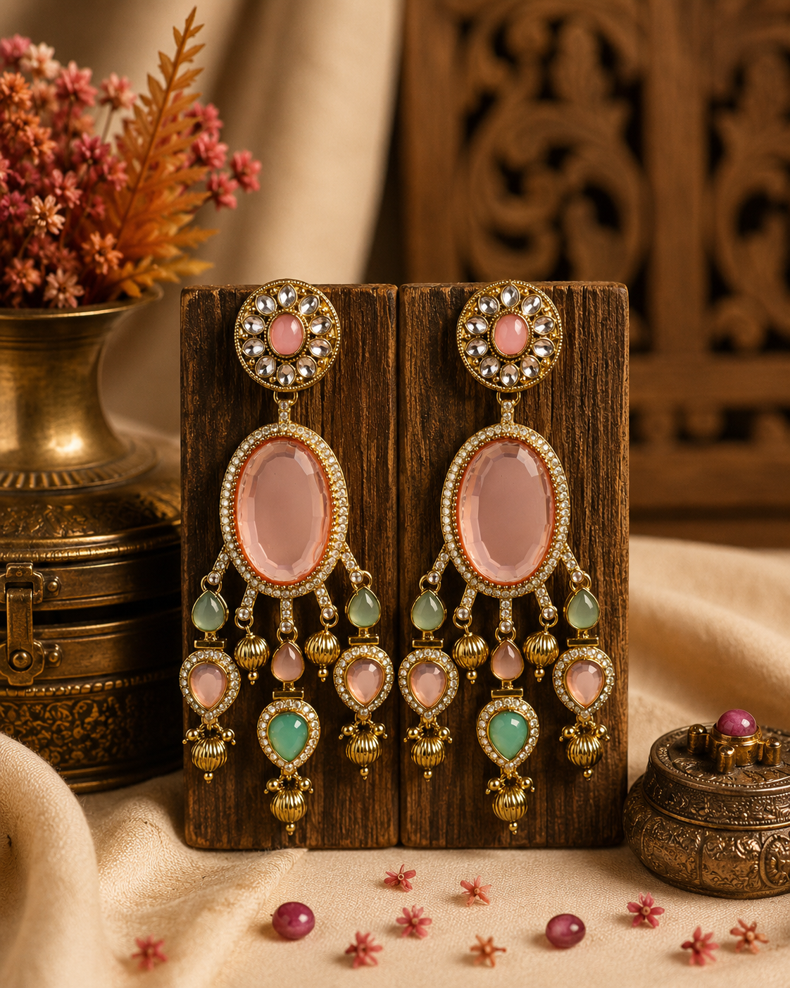 Pink Kundan Statement Drop Earrings for Women | Gold Plated Jewellery