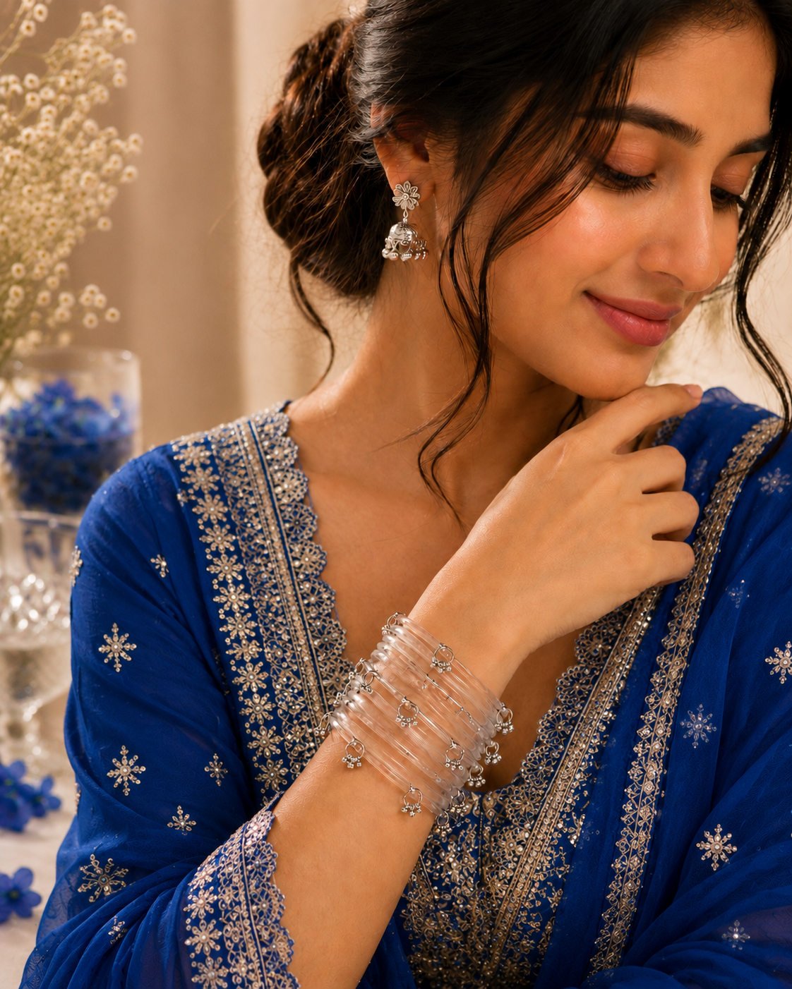 Transparent White Jelly Bangles with Silver Kashmiri Bangles Set | Elegant Ethnic Bangle Combo for Women