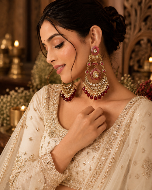 Gold Plated Reverse AD Maroon Chandbali Earrings with Pearls