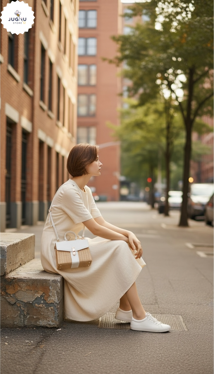 Aesthetic Jute Handheld Bag for Women with Sling Strap & Lock Closure | Woven Mini Crossbody Handbag