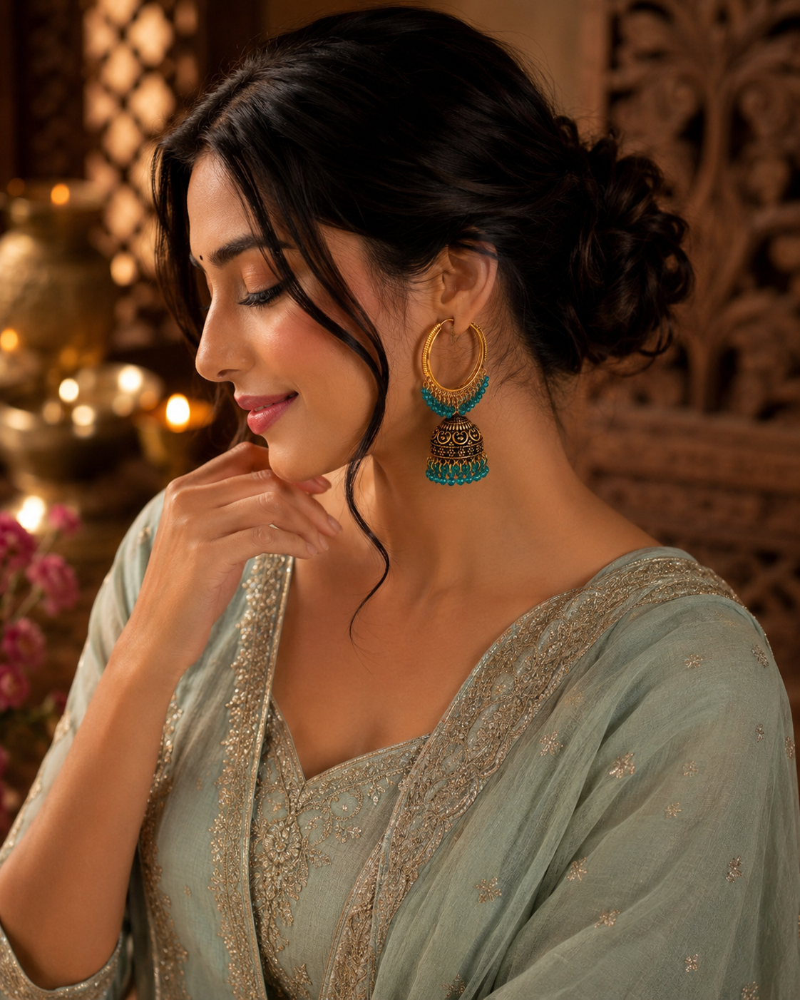Gold Plated Turquoise Jhumka Hoop Earrings for Women