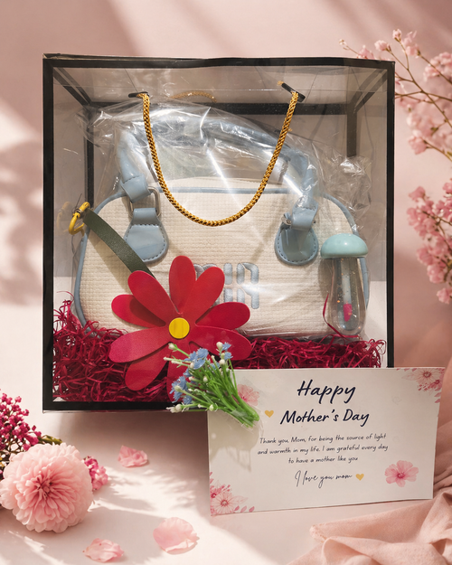 Luxury Mother's Day Gift Hamper with Designer Handbag, Lip Gloss & Flower Charm | Premium Gift Box for Mom