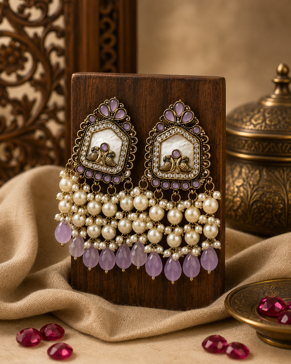 Antique Mother of Pearl Bird Earrings with Lavender Quartz Drops