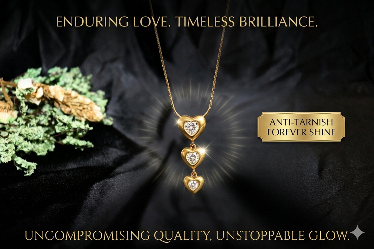 Anti Tarnish Triple Heart Pendant Necklace for Women | Gold Heart Necklace with Crystal Accents | Elegant Layered Heart Necklace
