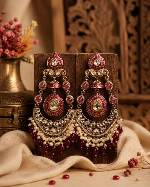 Gold Plated Reverse AD Maroon Chandbali Earrings with Pearls