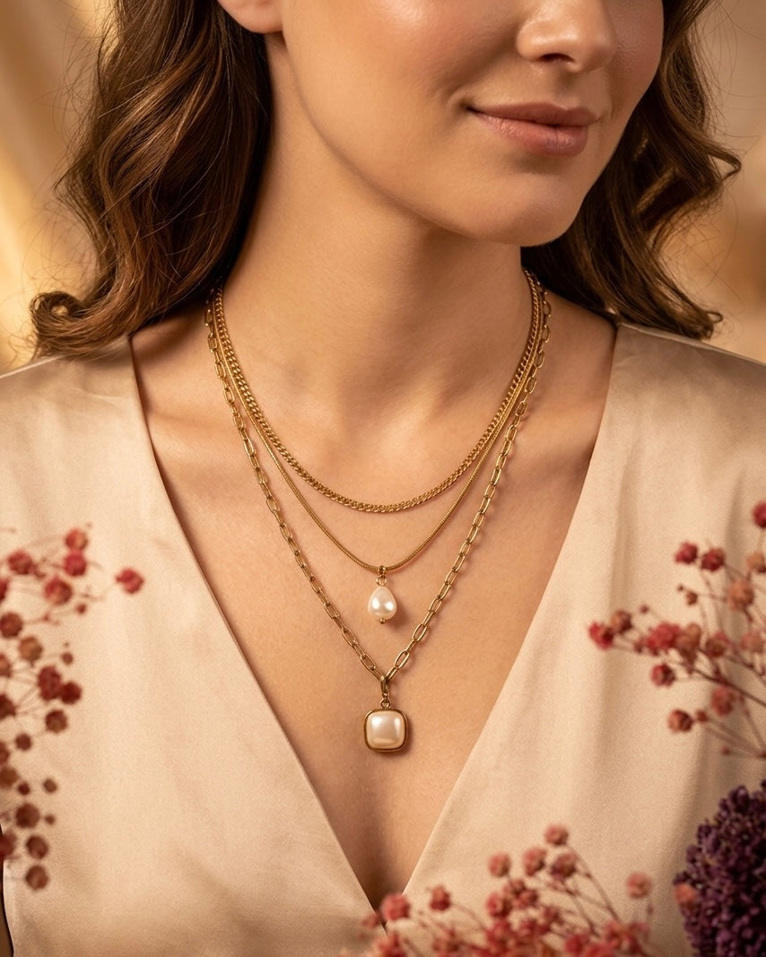 Anti Tarnish Layered Pearl Pendant Necklace for Women | Gold Multi Layer Necklace with Pearl Charms | Elegant Statement Necklace