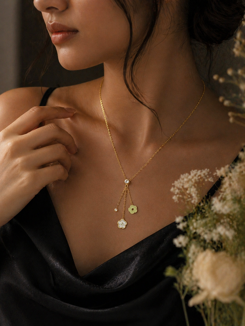 Anti Tarnish Floral Drop Pendant Necklace for Women | Gold Flower Charm Necklace with Crystal Accents | Elegant Dainty Necklace