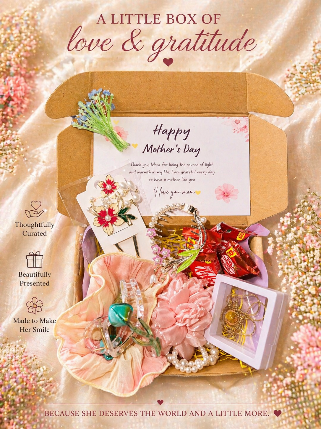 Deluxe Mother’s Day Gift Hamper | Scrunchie, Floral Hair Accessories, Yellow Stone Pendant & Chocolates Gift Box for Mom