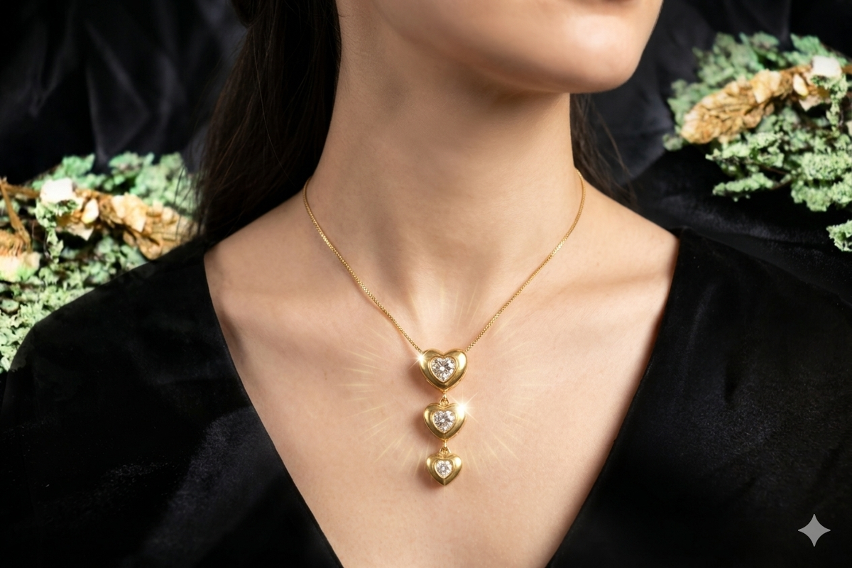 Anti Tarnish Triple Heart Pendant Necklace for Women | Gold Heart Necklace with Crystal Accents | Elegant Layered Heart Necklace