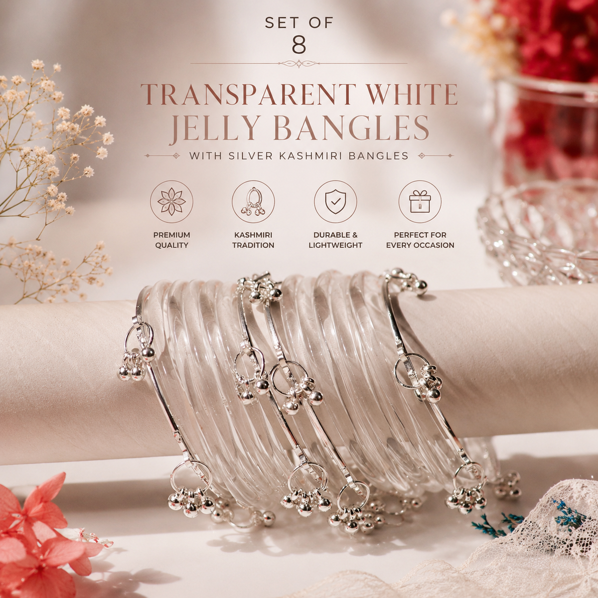 Transparent White Jelly Bangles with Silver Kashmiri Bangles Set | Elegant Ethnic Bangle Combo for Women