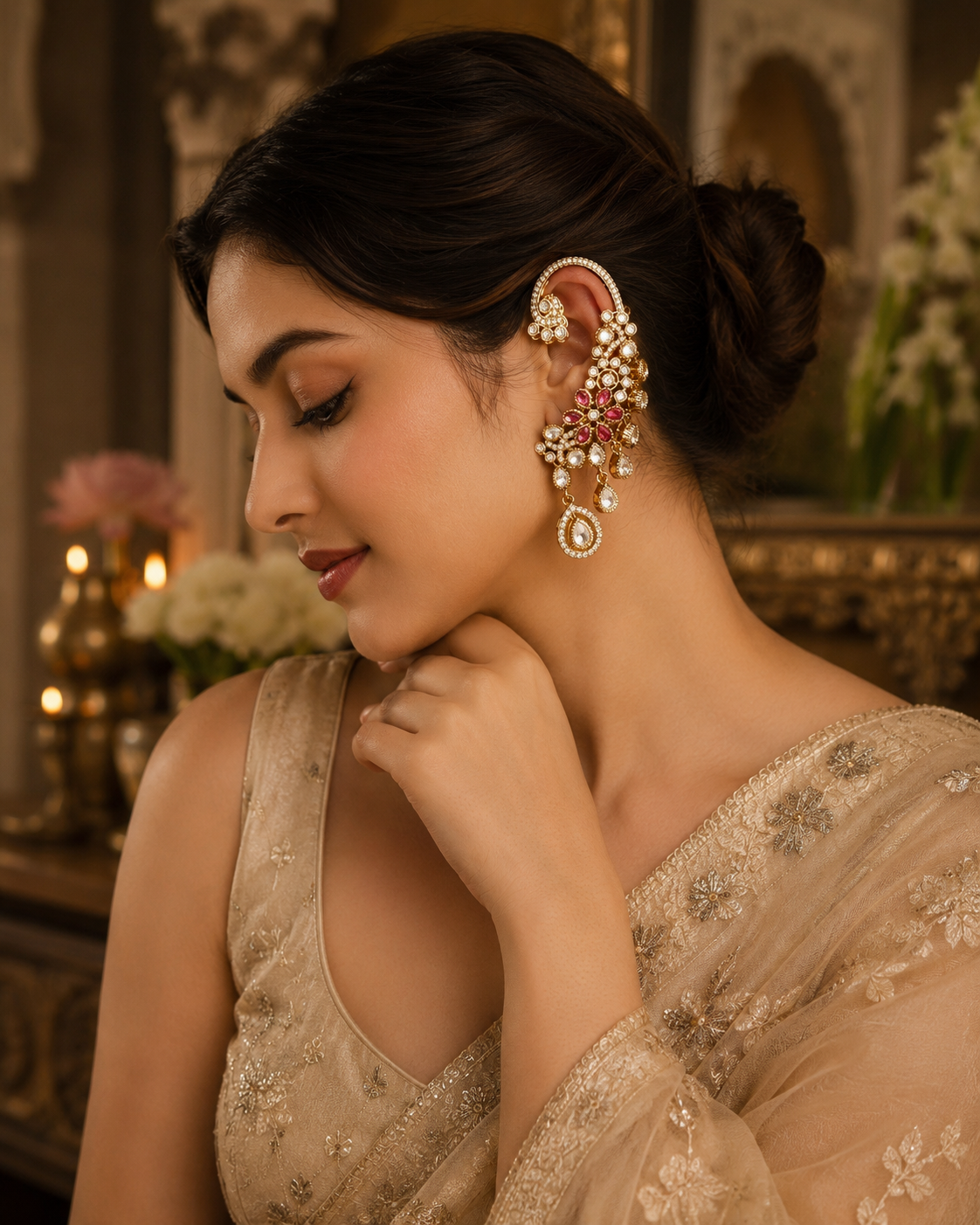 Gold Plated Floral Zircon Ear Cuff Earrings for Women