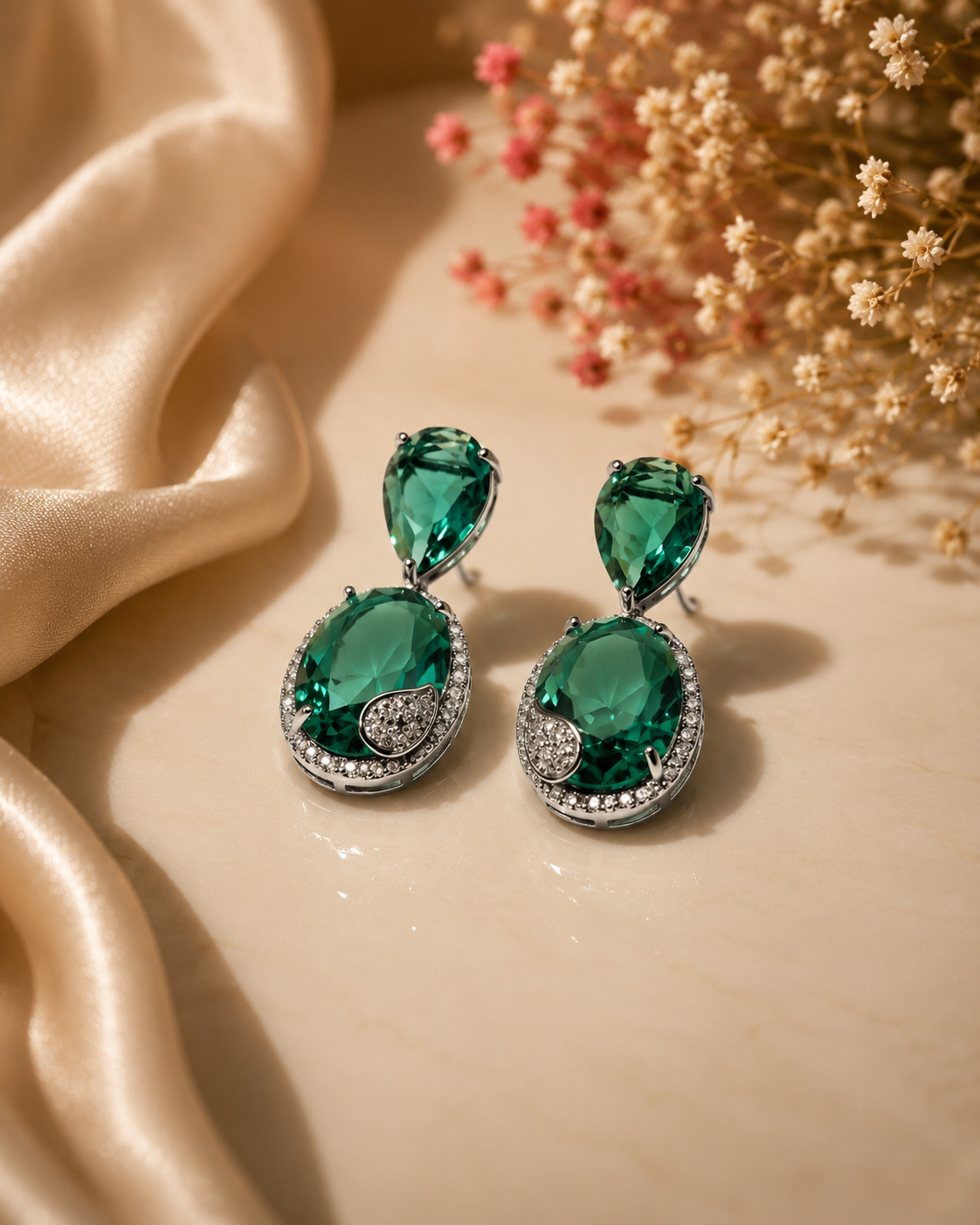 Emerald Royale Rhodium AD Earrings