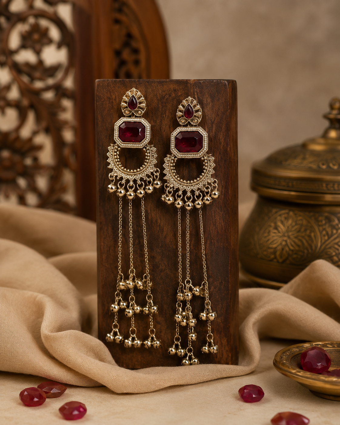 Oxidised Long Chain Earrings with Ruby Stone for Women
