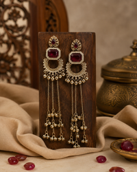 Oxidised Long Chain Earrings with Ruby Stone for Women