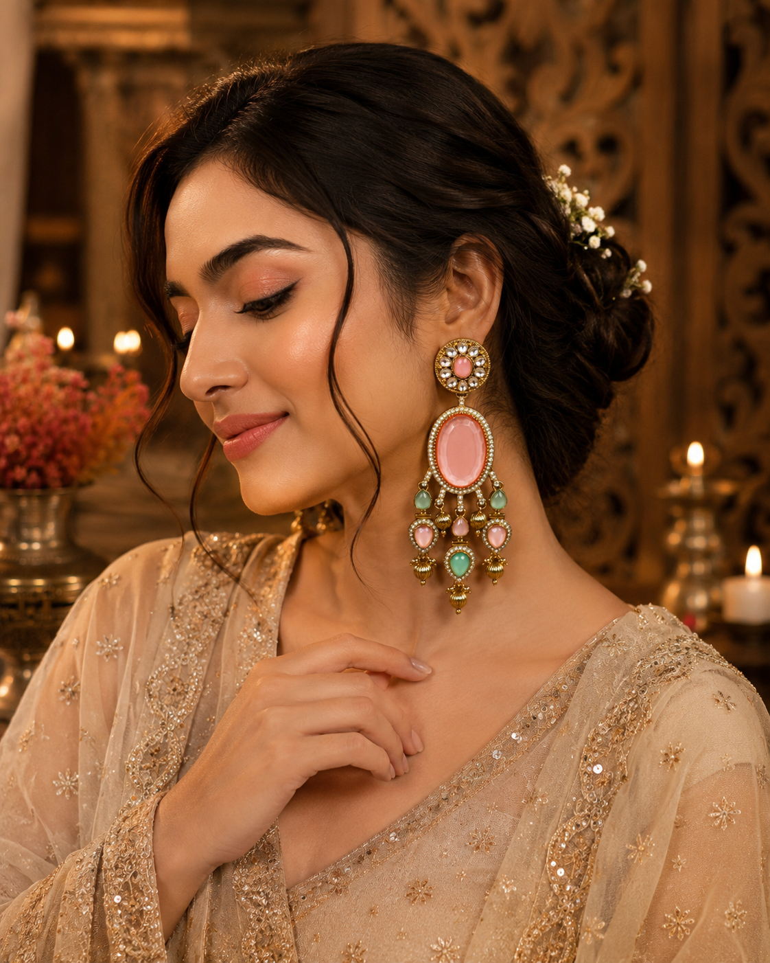 Pink Kundan Statement Drop Earrings for Women | Gold Plated Jewellery