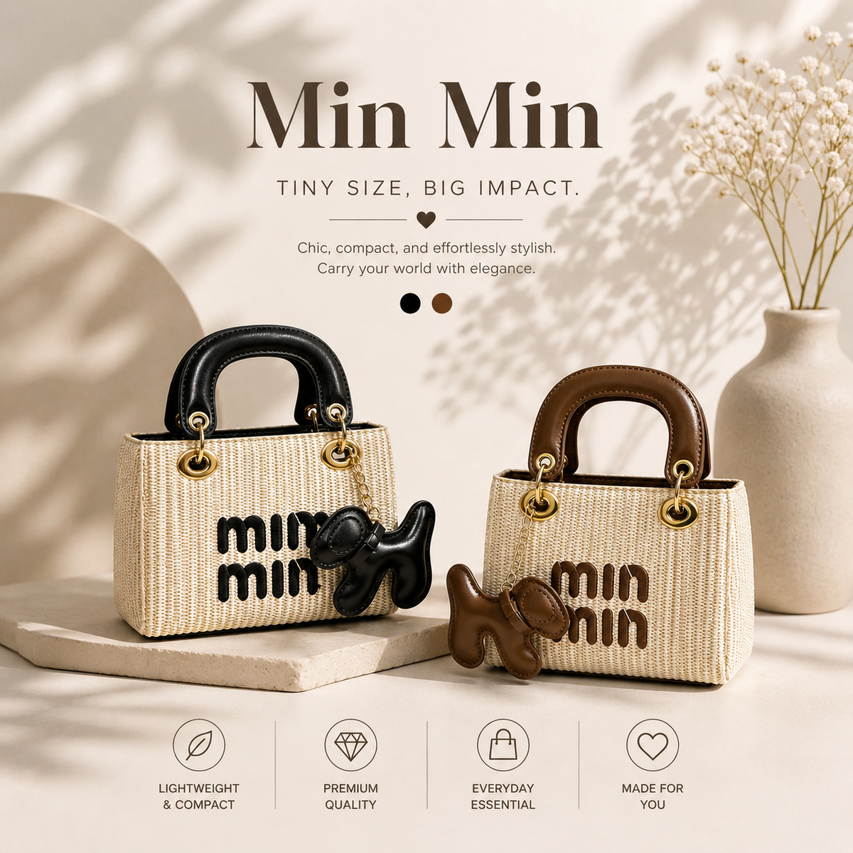 Min Min Mini Jute Handheld Bag with Dog Charm & Zipper Closure | Cute Aesthetic Mini Handbag for Women