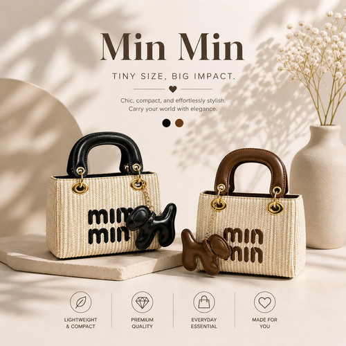 Min Min Mini Jute Handheld Bag with Dog Charm & Zipper Closure | Cute Aesthetic Mini Handbag for Women